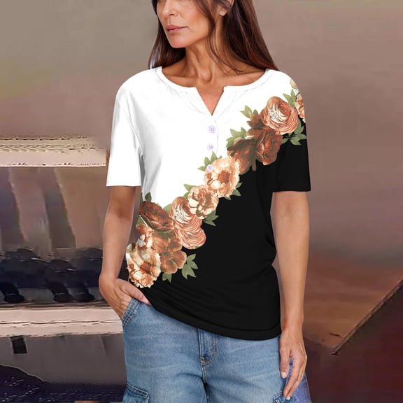 Ailaofu Women's Fashionable Printed V Neck Button Down T-Shirt Short Sleeve Casual Summer Comfortable Everyday Top