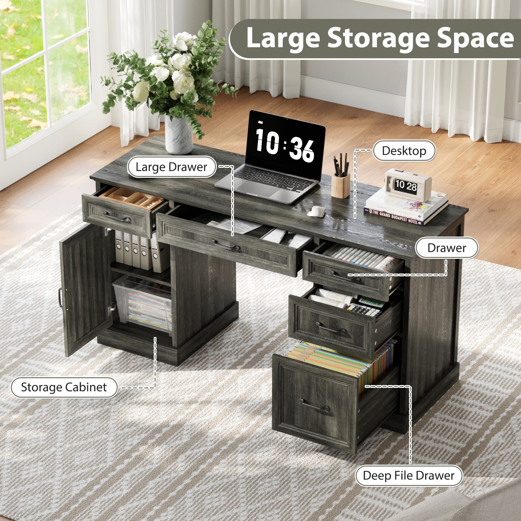 YouTrend 58'' Farmhouse Executive Desk,Wood Home Office Computer Desk with 5 Drawers and Storage Cabinet for Work Study Writing,Gray