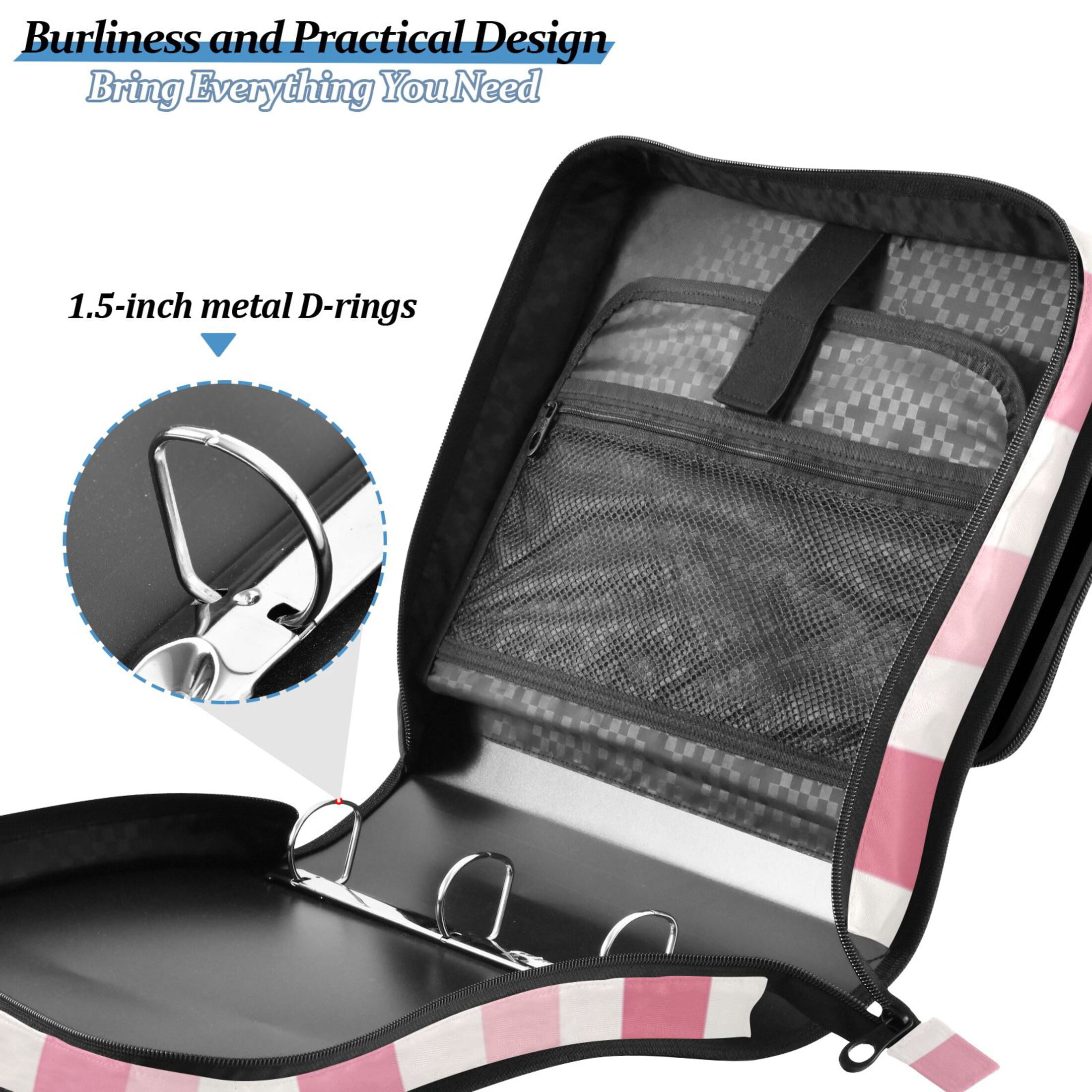 3 Ring Zipper Binder with Shoulder Strap Waterproof Trapper Keeper 2 Inch D-Ring 500 Sheets Capacity Pink Striped