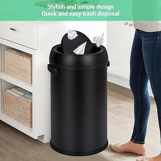Basics Round Stainless Steel Trash Can with Swing lid, Large Kitchen Round Can - 65 Litre/ 17.2 Gallon, Silver, Black,White