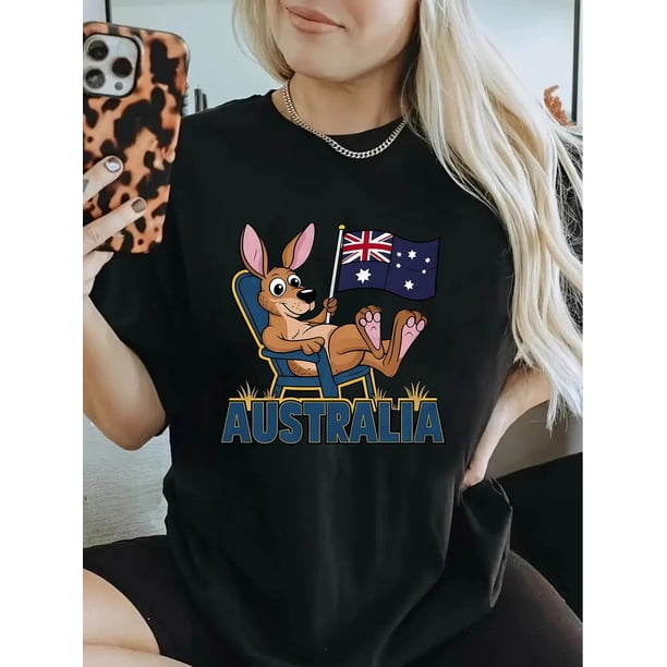 Comfortable Polyester Women's Casual Short Sleeve T-Shirt, Australian Flag Kangaroo Graphic, Round Neck, Fashionable Summer Top, Leisure Sportswear Tee For Adult, Men, Women, Teen, Teenager, Adolesce