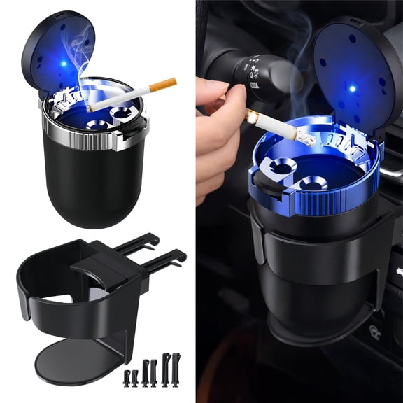 Car Ashtray with Cup Holder Mount, Smokeless LED Car Ashtray with Lid, Stainless Steel Inner Auto Ashtray, Portable Detachable Mini Car Trash Can