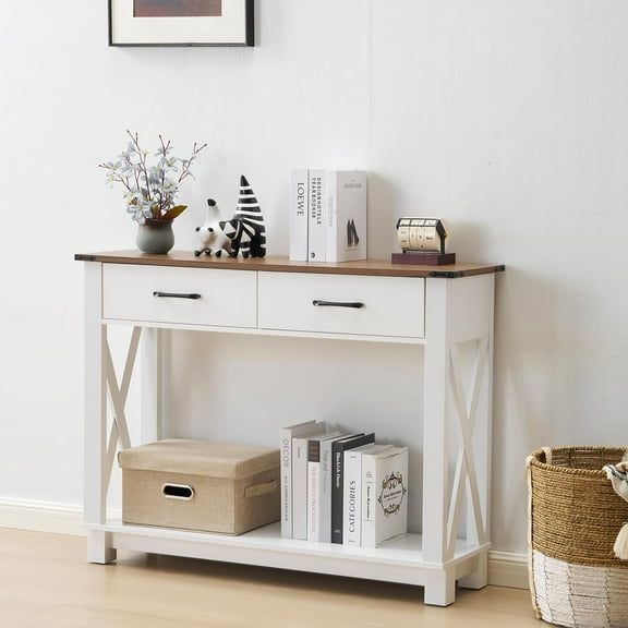 EROMMY Farmhouse Console Table for Entryway with Drawers & Storage, Rustic Vintage Narrow Sofa Table for Living Room, Front Hall, Hallway, White & Brown