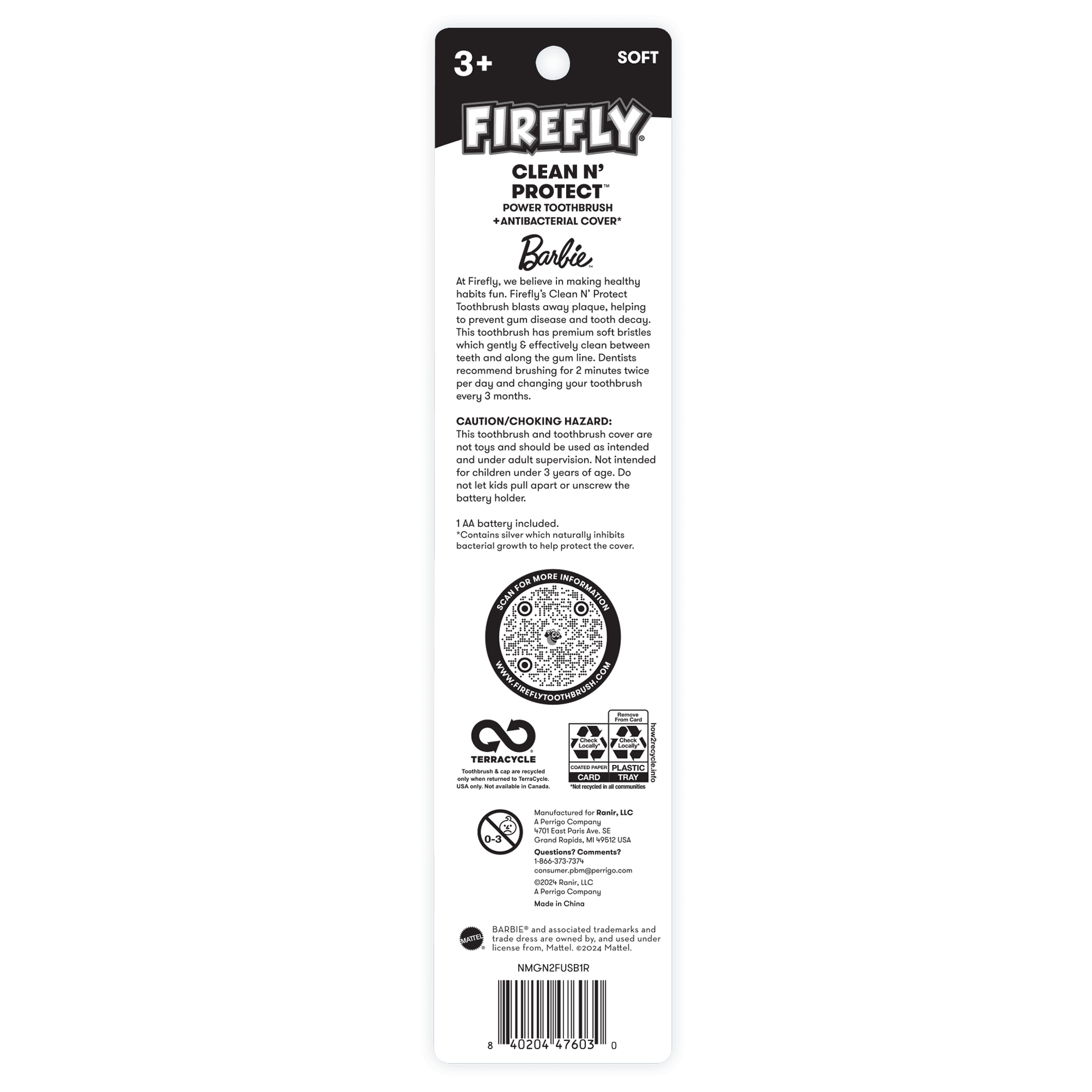 Firefly Clean N' Protect Barbie Toothbrush with Antibacterial Cover, Soft Bristles,  Battery Included, Ages 3+, 1 Count