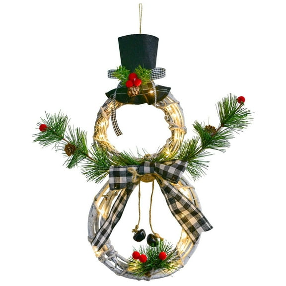 Husfou Christmas Decoration Lighted Wreath Snowman Wreath with Hat and Bow for Front Door Home Wall Decor