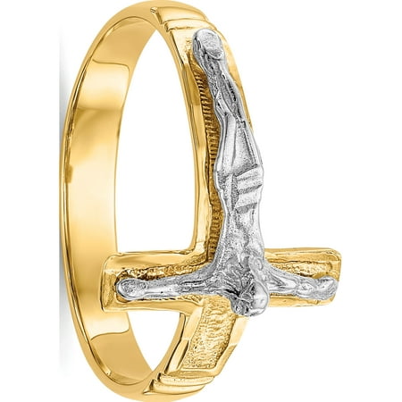 - 14k Two-Tone Gold Polished & Diamond-Cut Mens Crucifix Ring