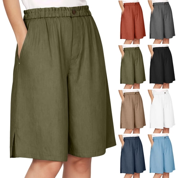 felwors Women's Elastic Waist Button Fly Wide Leg Shorts Linen Blend Side Slit Summer Casual Culottes (Sky Blue, XXXL)