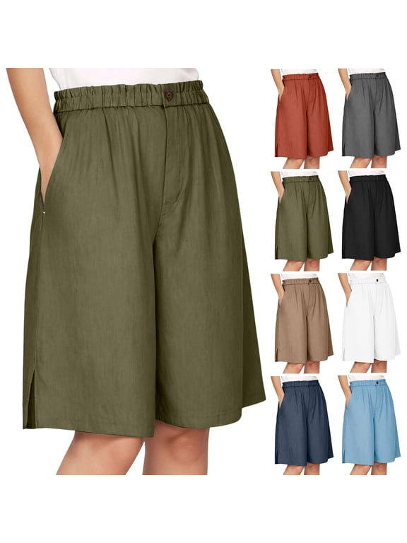 Women's Elastic Waist Button Fly Wide Leg Shorts Linen Blend Side Slit Summer Casual Culottes (Green, XL)