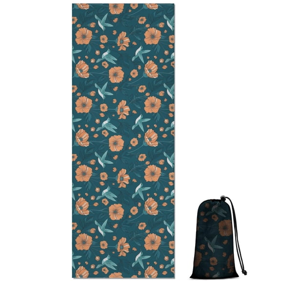 70x26 Inch Yoga Towel, Sweat Absorbent Non-Slip Mat for Hot Yoga, Pilates & Fitness,Hummingbird Floral Poppy Teal Pattern