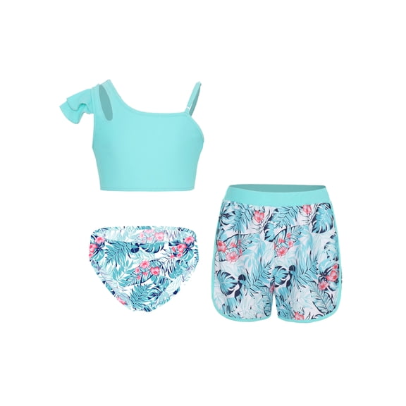 vastwit Girls Tropical Print Swimsuits 3 Piece Tankini Sets for Kids Crop Top Swim Briefs Shorts Swimwear Palm Leaves 16