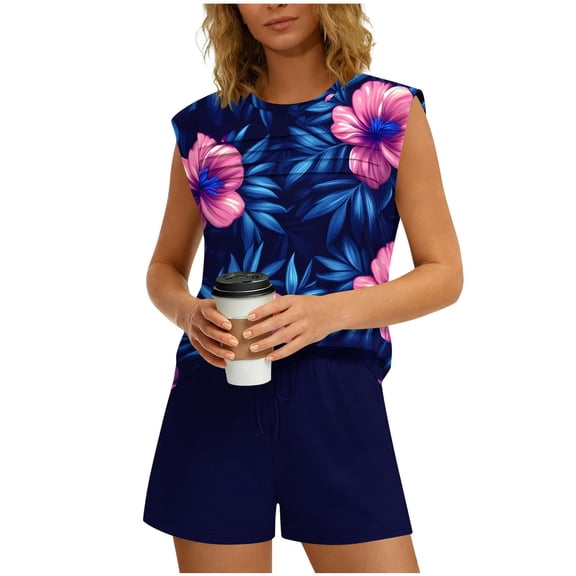 Daiosportswear Women Pinted Floral Tankini Two Pieces Swimsuit Female Bathers Bathing Swimming Swim Suit Beachwear,2 Piece Sets for Women Blue-A S(S)