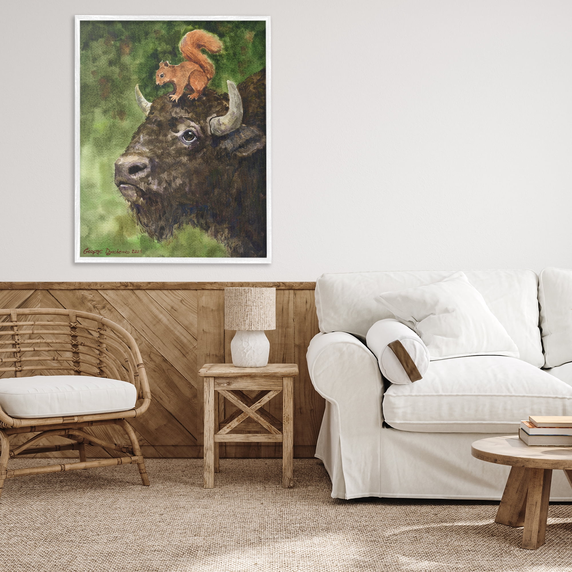 Stupell Industries Bison & Squirrel Duo White Framed Giclee Art, design by George Dyachenko