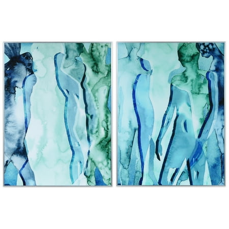 Framed Glass Wall Art Empire Art Direct Blue & Green Silhouette Printed on Glass Art with Anodized Aluminum Silver Frame Wall Art, 40