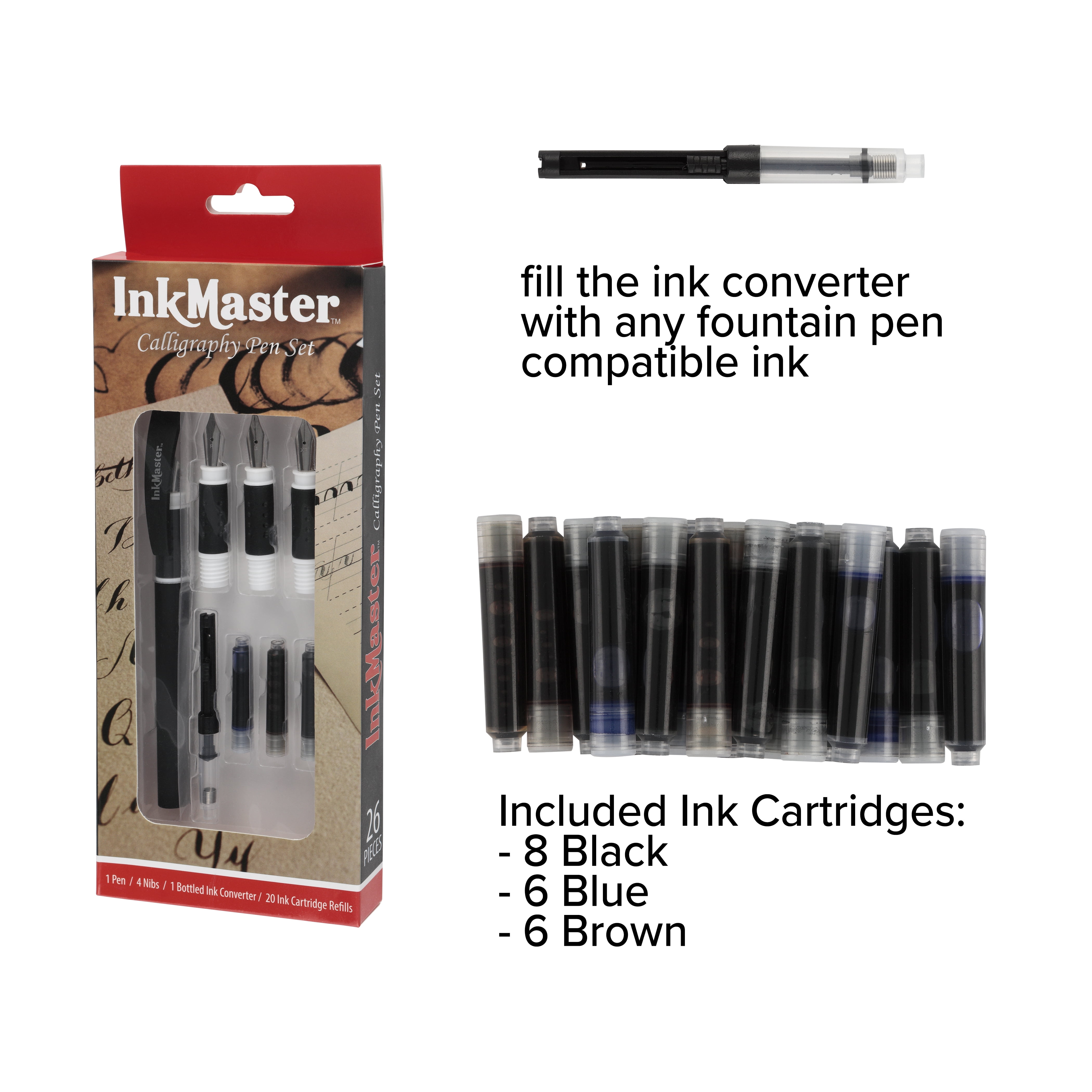 Ink Master Calligraphy Set Fountain Pens 4 Different Size Nibs and 20 Assorted Ink Cartridges Plus One Bottled Ink Converter - Complete Easy Learning Kit for Beginners