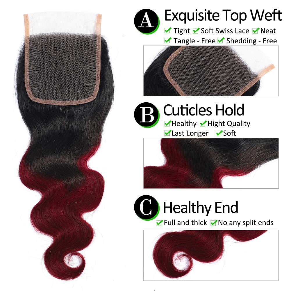 Two Tone Ombre 1B/99J Black to Burgundy Body Wave Hair with Free Part Lace Closure 100% Unprocessed Brazilian Remy Virgin Human Hair Bundles 24"26"28" with Closure 22"
