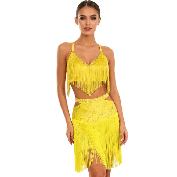 RUNQHUI Fringe Latin Dance Salsa Tango Ballroom Women's Rave Outfit Tassel Mini Skirt with Crop Top Set Yellow XXL