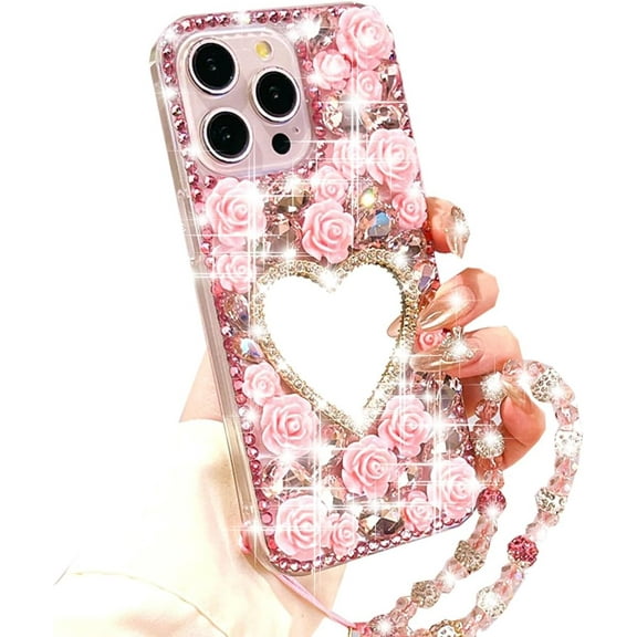 for iPhone 16 Pro Glitter Bling Case, Cute 3D Sparkle Heart Makeup Mirror Crystal Rhinestones Flowers Diamond Gems Pearl with Lanyard Wrist Strap Women Girls Case for iPhone 16 Pro 6.3", Pink