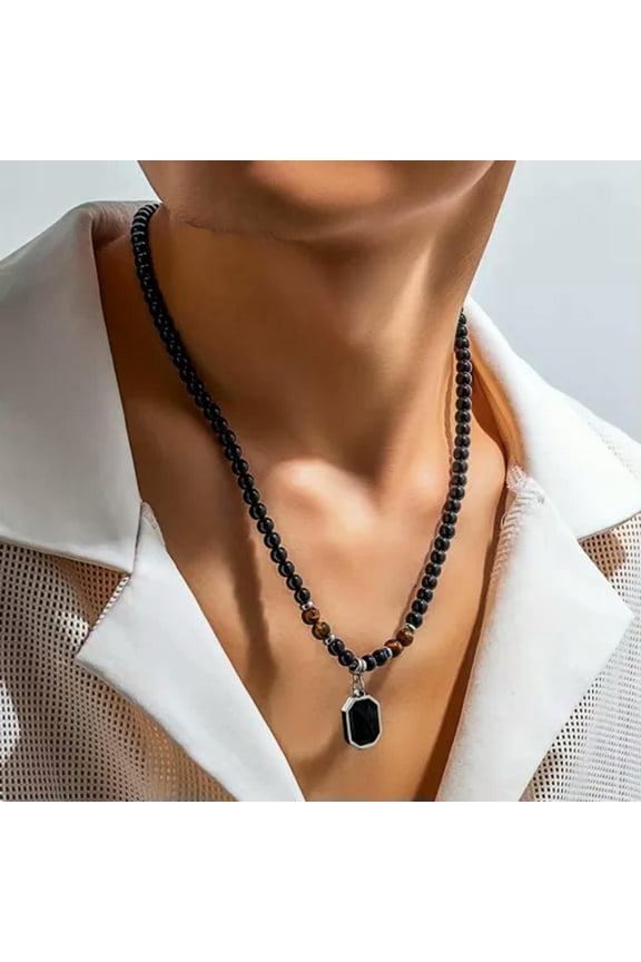 1pc Men's Creative Natural Tiger Eye Black Bead Necklace Stainless Male Gift-Black