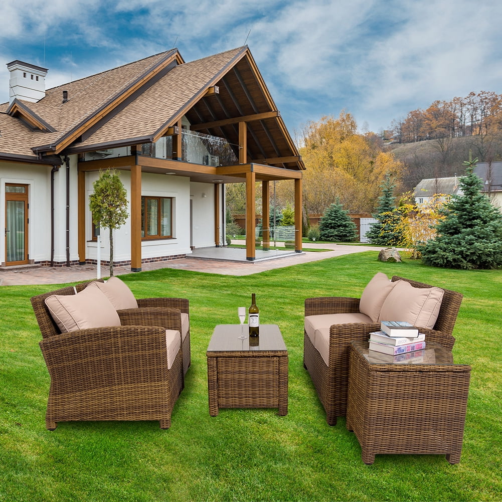 Kadyn 5 Pieces Patio Furniture Set, Outdoor Patio Rattan Furniture Sofa Set for Bistro, PE Rattan Conversation Set with 2 Table, Loveseat and 2 Single Chairs, Khaki