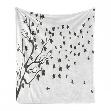 Grey and White Soft Flannel Fleece Blanket, Maple Leaf Silhouettes Botanical Branches Autumn Illustration, Cozy Plush for Indoor and Outdoor Use, 50" x 70", Charcoal Grey and White, by Ambesonne