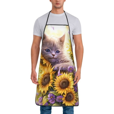 

Matuu Daisy Sunflower Lazy Cat for Cooking Apron for Men and Women Adjustable Strap and Waist Ties for Baking Cooking Gardening
