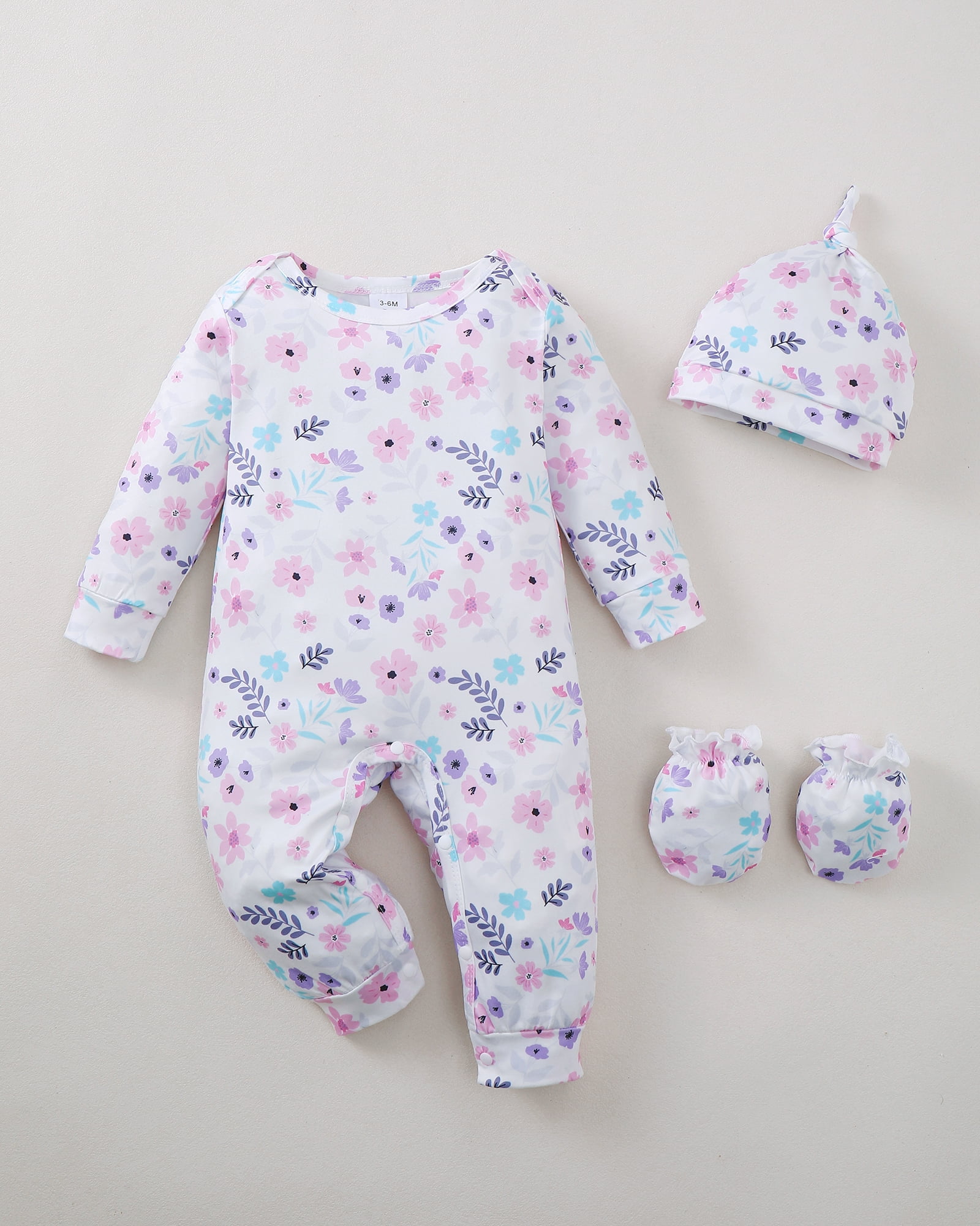 KIMI BEAR Newborn Baby Girls Layette Set 4 Packs 6-12 Months Shower Gifts Essential Clothing Short Sleeves Long Sleeves Romper Top Pants and Bodysuit with Hats and Gloves 15pcs Clothes Purple