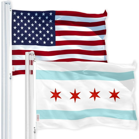 G128 Combo Pack: USA American Flag 3x5 Ft 150D Printed Stars & Chicago 3x5 Ft 150D Printed