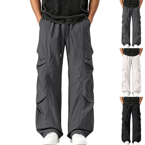 Tqyyweavej Men's Casual Cargo Pants Plus Size Straight Leg Trousers with Pockets Drawstring Wide Leg Outdoor Joggers for Hiking S-5XL