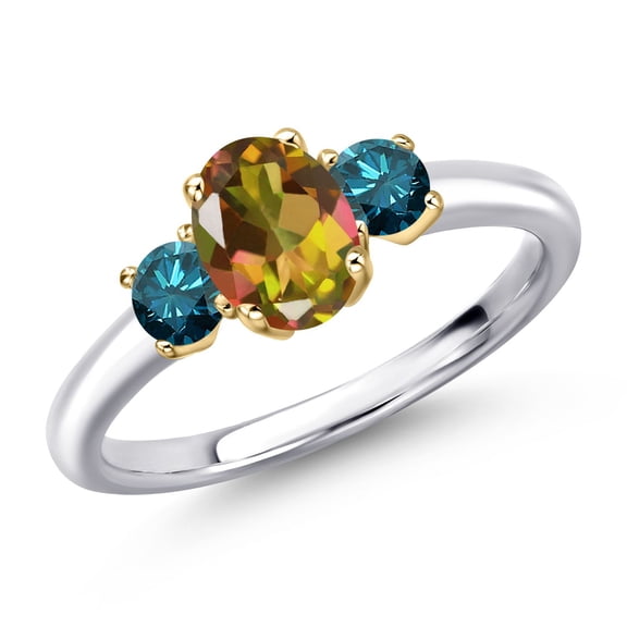 Gem Stone King 925 Silver and 10K Yellow Gold Mango Mystic Topaz and Blue Diamond Engagement Ring for Women | 1.50 Cttw | Oval 7X5MM | Gemstone November Birthstone | Size 5