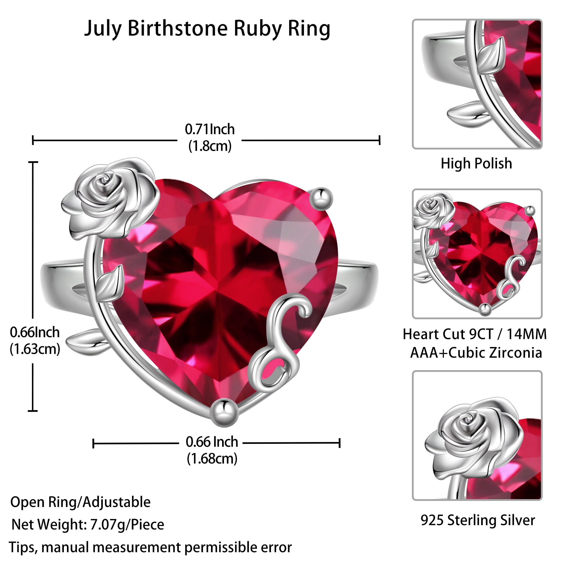 Juwaliy 9Ct Women Heart Ring 925 Sterling Silver Rose Flower July Birthstone Ruby Red Solitaire Ring Jewelry Mother Birthday Valentine's Day Gift