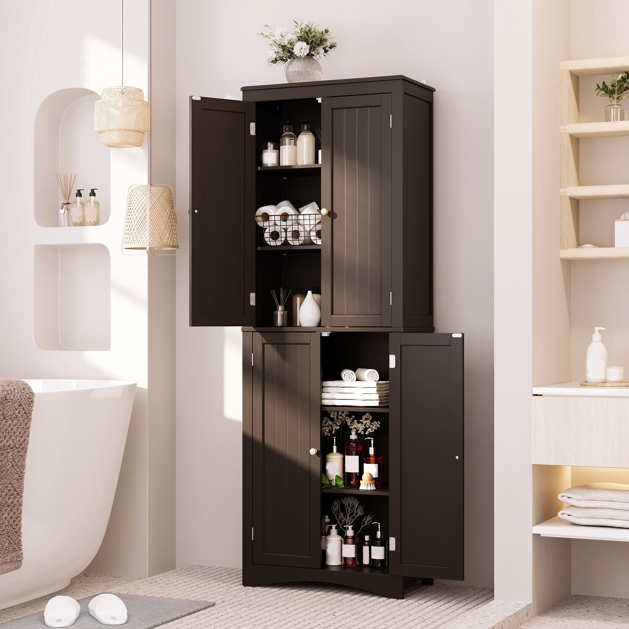 Aiho 66.9" Bathroom Storage Cabinet, Freestanding Wooden Linen Cabinet with 4 Doors & Adjustable Shelves for Bathroom, Kitchen, Black