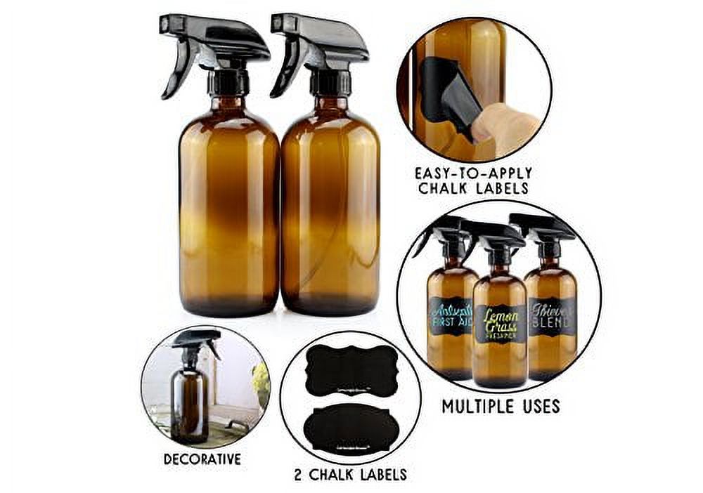 Cornucopia 16oz Amber Glass Spray Bottles w/Reusable Chalk Labels (2 Pack), Heavy Duty Mist & Stream 3-Setting Sprayer; Great for Essential Oils - image 4 of 9