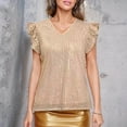 thumbnail image 5 of TARIENDY Womens Sequin Shirts Elegant Ruffled Short Sleeve Party Tops Fashion Sparkly Glitter Shirt Loose Fit V Neck Tunic Tops Gold M, 5 of 8
