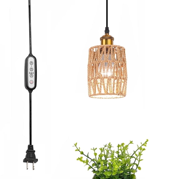 FSLiving 15W LED Swag Hanging Plant Grow Spot Light Full Spectrum Plug-in Pendant Light Industrial Style Twine Braiding with Timer Cord for Indoor Plant No Wiring Needed Portable Customizable