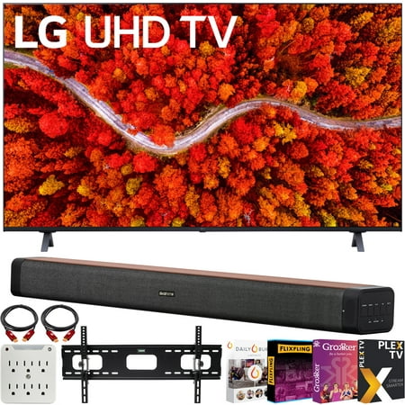 LG 65UP8000PUA 65 inch 4K UHD Smart webOS TV (2021) Bundle with Deco Home 60W 2.0 Channel Sound bar W/Subwoofer + Wall Mount Kit + + 6-Outlet Surge Adapter