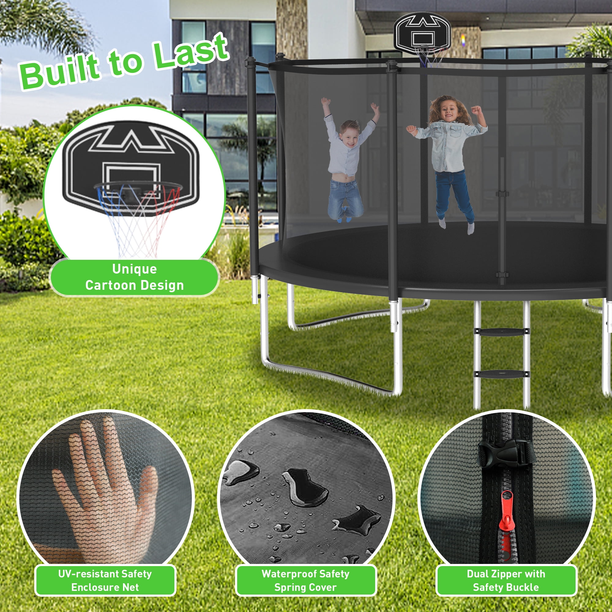 XMIKA Trampoline with Enclosure Net for Kids and Adults, 1400LBS Capacity 14FT Trampoline with Basketball Hoop, Ladder, Outdoor Heavy Duty Trampoline, Black