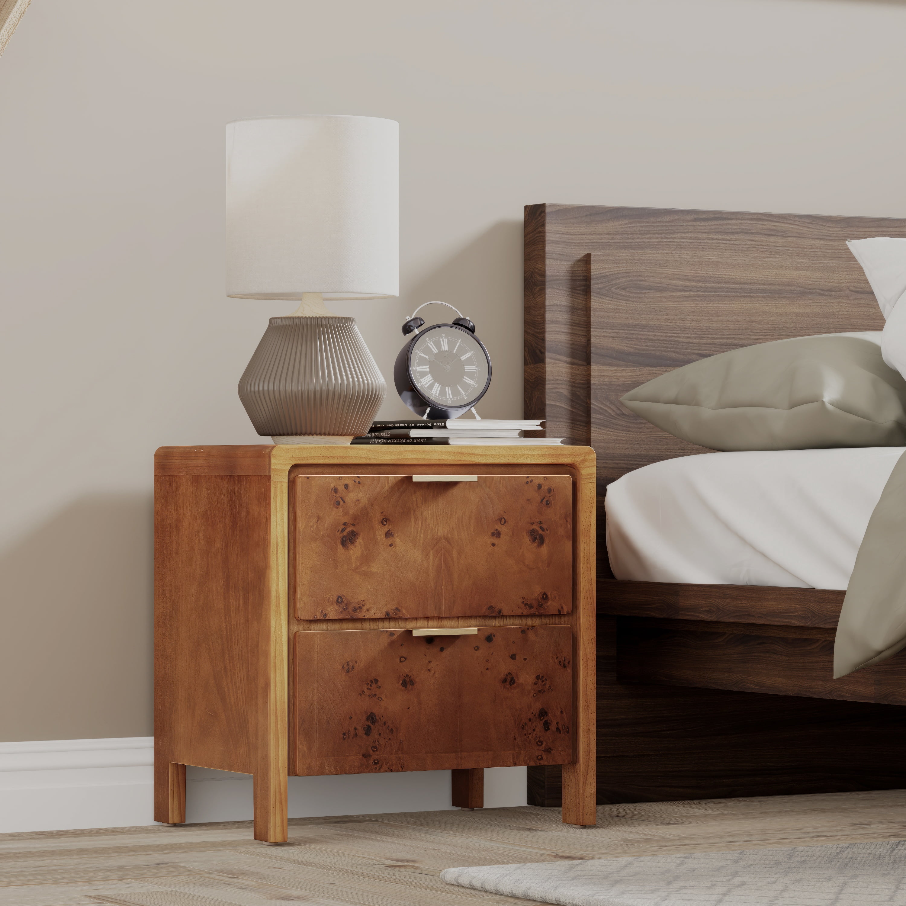COZAYH Farmhouse Nightstand with 2 Drawer, Distressed Wood Rustic Accent Bedside Table, Burl Finish Side Table for Bedroom, Entryway, Fully Assembled, Brown