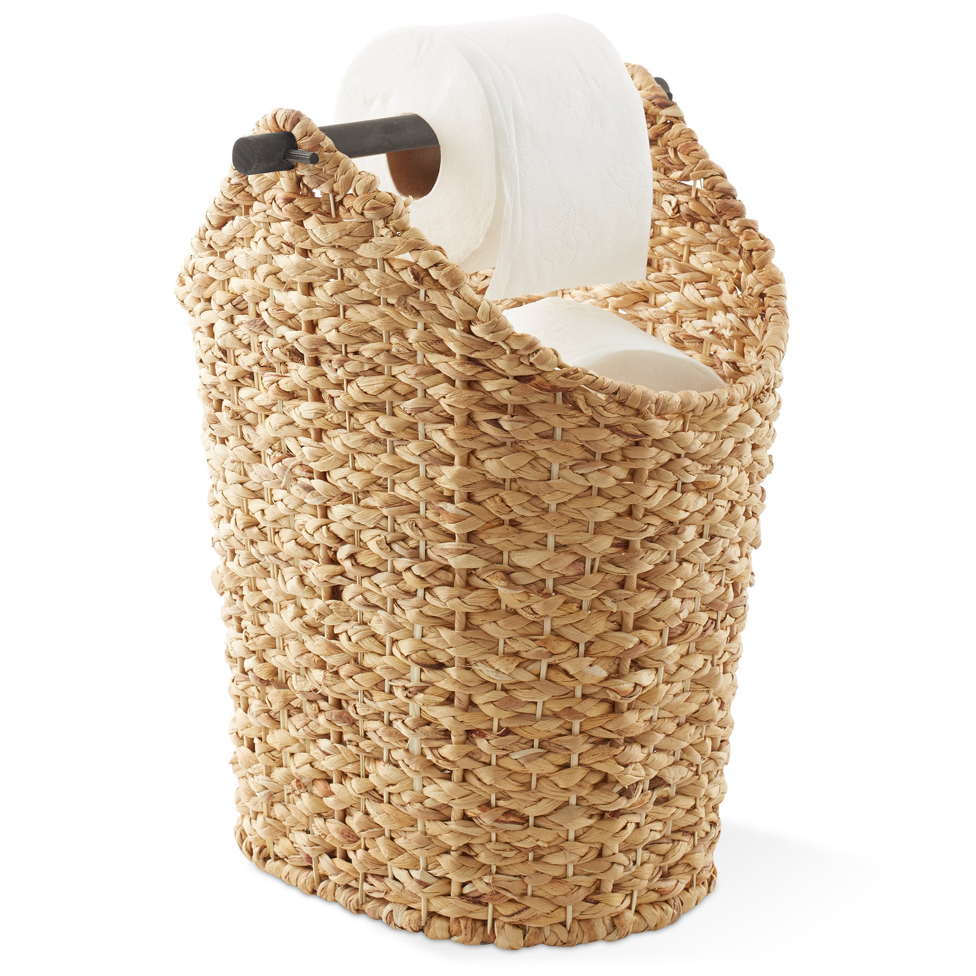 Casafield Toilet Paper Roll Holder Storage Basket with Wood Bar - Natural, Woven Water Hyacinth Wicker Bathroom Tissue Storage Organizer