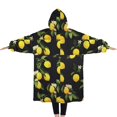 thumbnail image 2 of Oversized Wearable Blanket Hoodie,Yellow Lemon Fruit Flowers Black Pattern Sherpa Blanket Hoodie with Super Pockets,Super Warm Fuzzy Pullover for Women & Men, 2 of 6