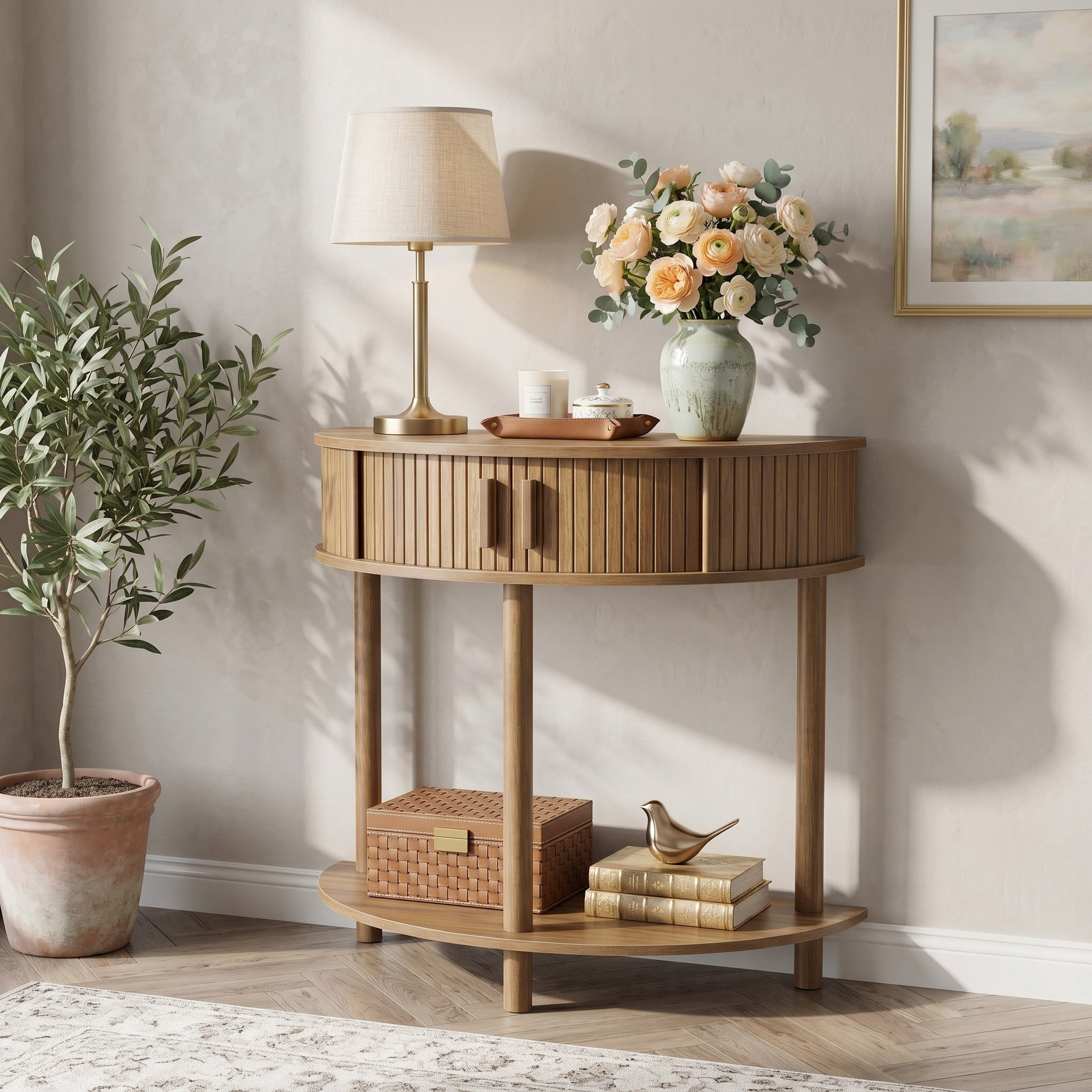 Sailvan 31.5 Inch Grooved Half-Moon Console Table, Modern Entryway Decorative Table for Home