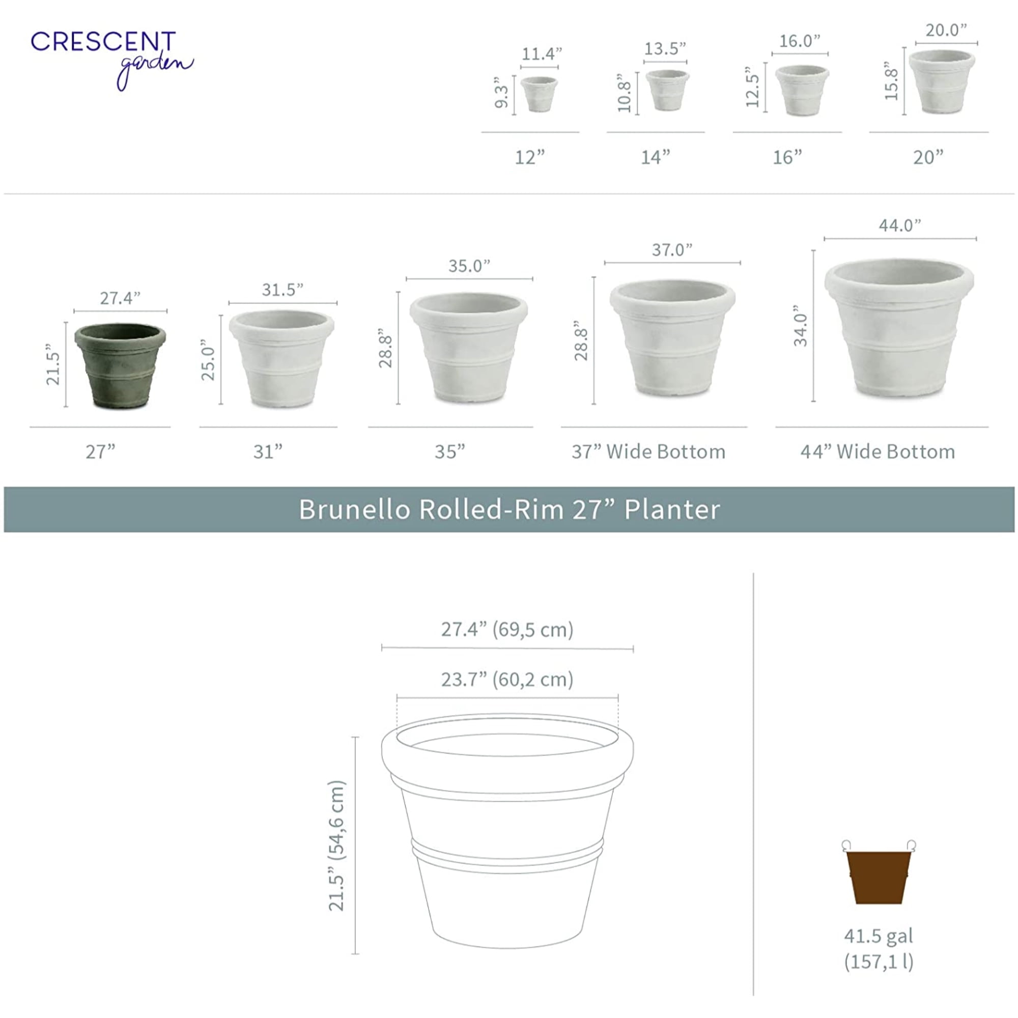 Crescent Garden Brunello Classic Rolled-Rim Plant Pot, 27" (Caviar Black)