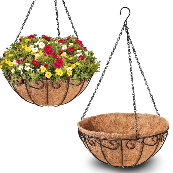 2 Pack 10 Inch Metal Hanging Baskets for Plants Outdoor- Round Wire Hanging Planters Basket, Hanging Flower Pot for Outdoor Plants Flowers Garden Decorations