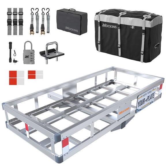 Mockins 49"x22"x7" Aluminum Hitch Cargo Carrier with 20 Cu ft. Gray Cargo Bag and Accessories