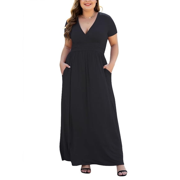 Vestido largo COSSEN para mujer, talla grande, cuello en V con bolsillos, negro