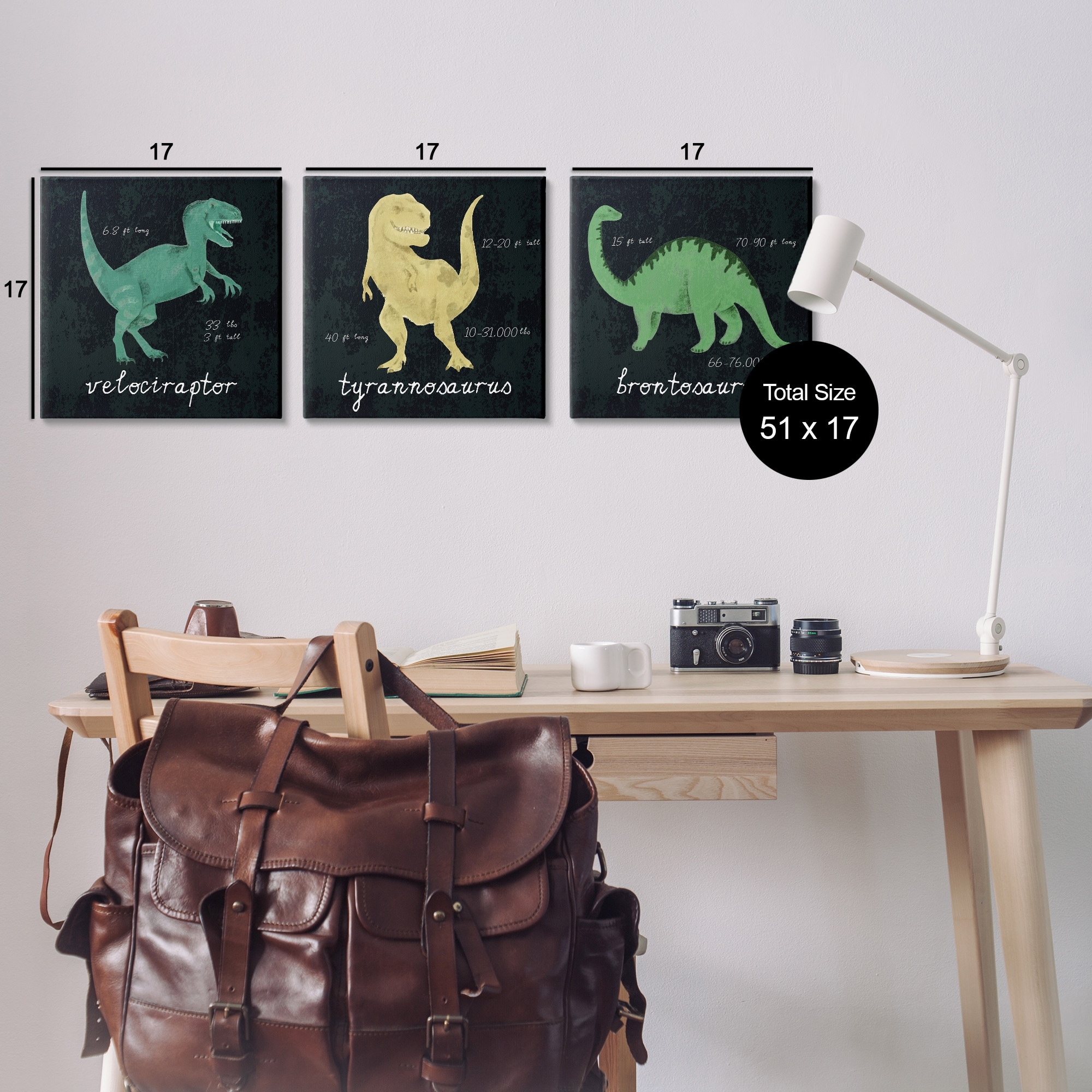 Kid's Dinosaur Size Facts Chalk Inspired Design Animals & Insects Gallery-Wrapped Canvas Print Wall Art, Set of 3, 17x17