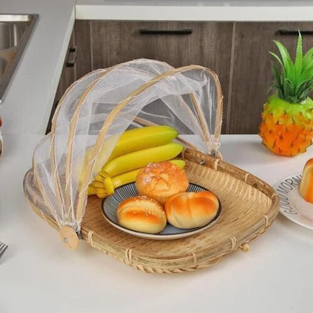 D-GROEE Food Serving Tent Basket - Hand-Woven Bamboo-Serving-Basket Dustproof-Bug-Proof Mosquitoesor Vegetable Fruits Food Meals Round Square Container