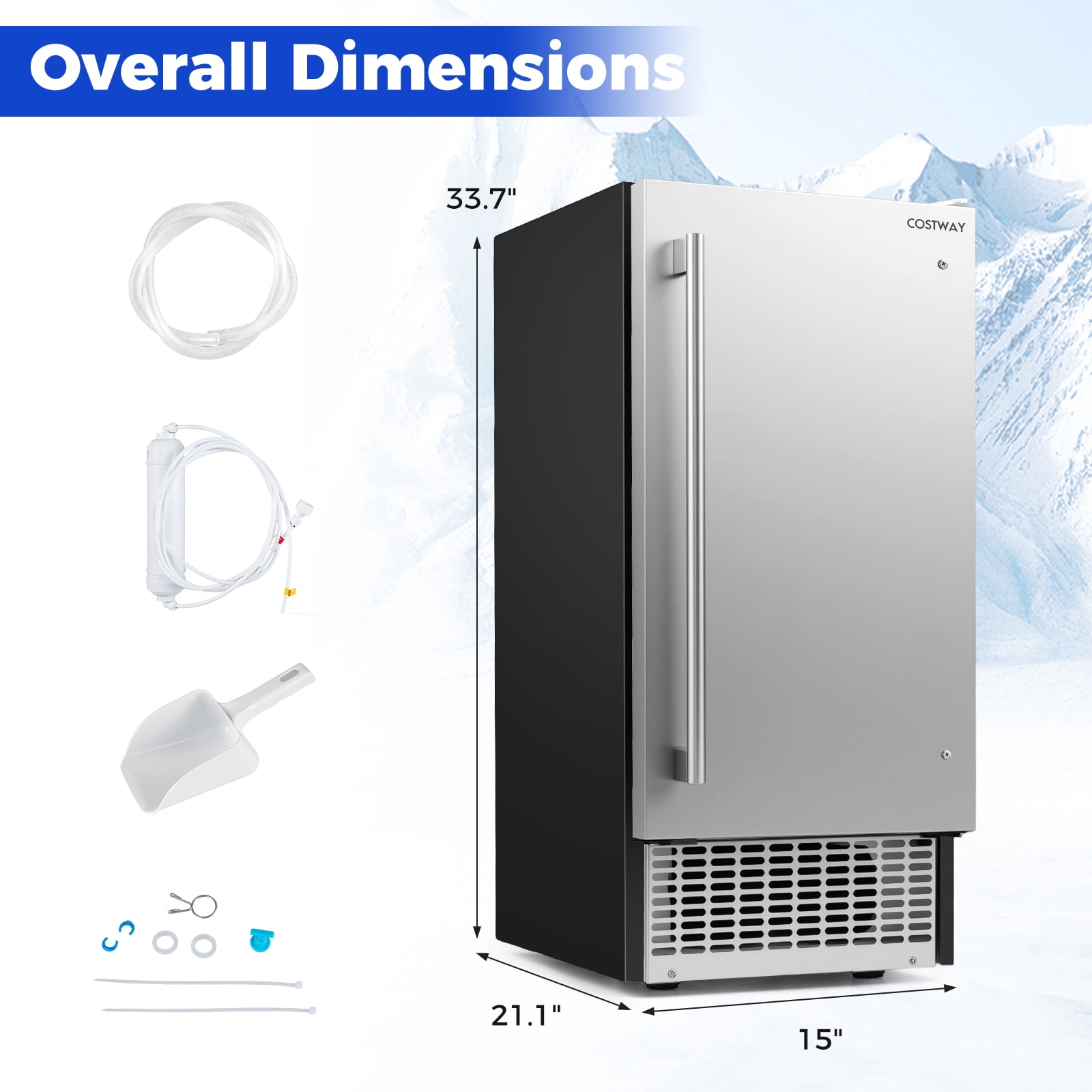 Costway Freestanding Ice Maker, 110 lbs/24H Undercounter/ Ice Machine with 25 lbs Capacity Silver&Black