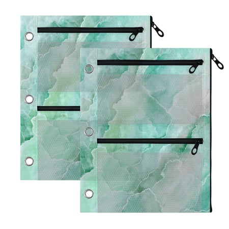 2 Pack 3-Ring Binder Pencil Pouch with Clear PVC Windows Calm Mint Marble Pattern Large Capacity Stationery Bag for Classroom Office Supplies