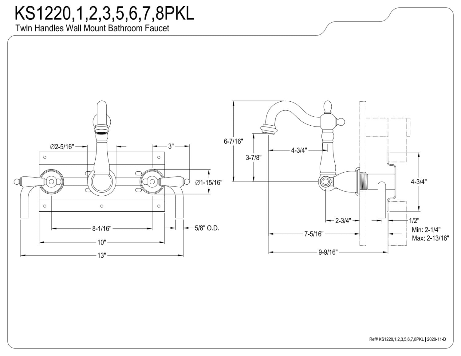 Kingston Brass KS1225PKL Duchess Two-Handle Wall Mount Bathroom Faucet, Oil Rubbed Bronze