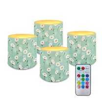 Kuiaobaty Flameless LED Lights Candles Daisy Flower Leaf Green Pattern 4 Pieces Battery Powered LED Candles with Remote for Valentine Party Wedding Birthday Party Outdoor